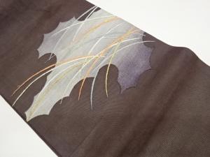 紗 草花に抽象模様織出し名古屋帯（松葉仕立て）